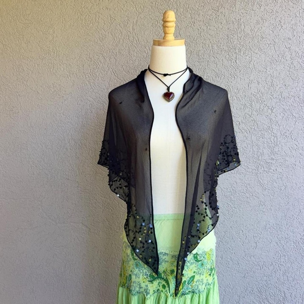 Vintage Black Sequin Shawl Scarf Accessory Whimsigoth